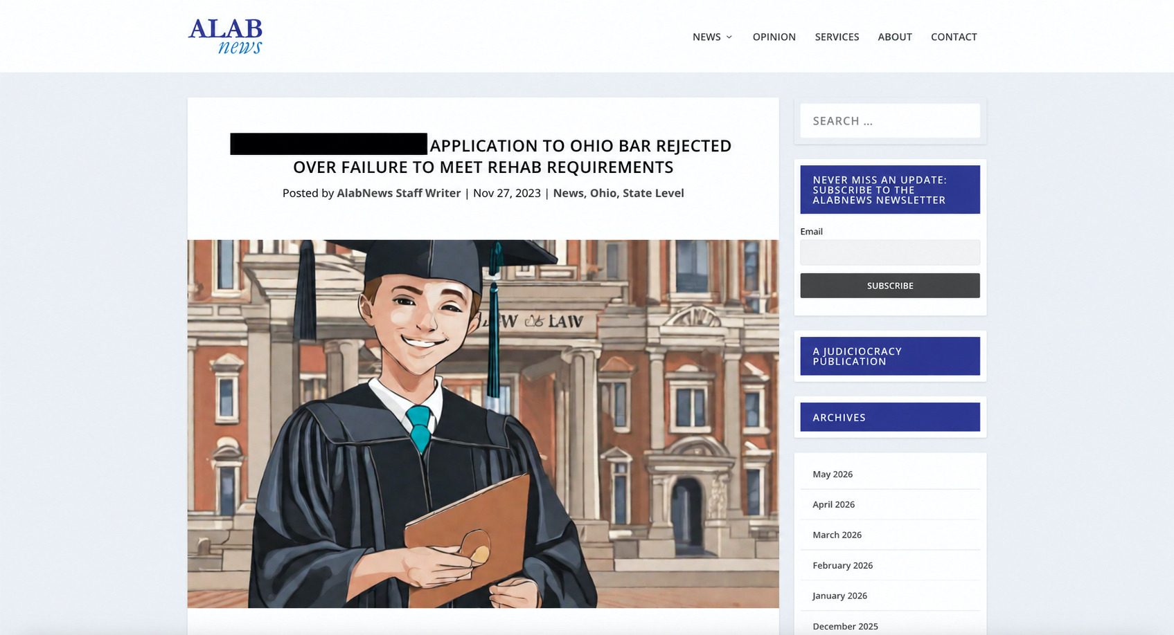 Redacted ALABnews article image showing a commissioned graduation-style illustration placed beside a stigmatizing bar-admission headline