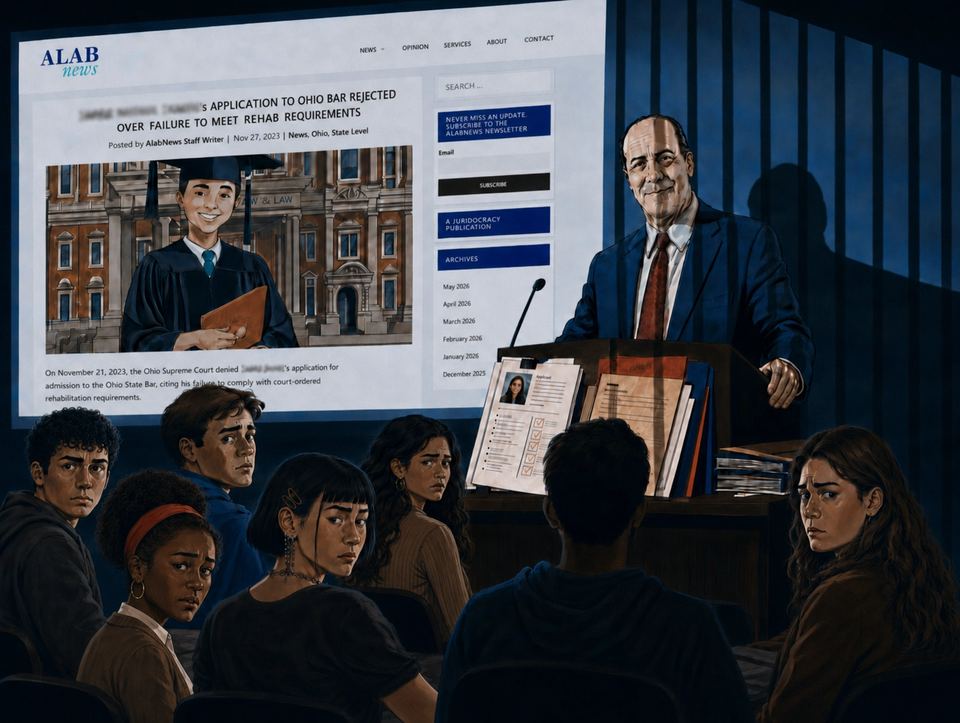 Edward Andrew Weinhaus in a classroom with students and a projected ALABnews article