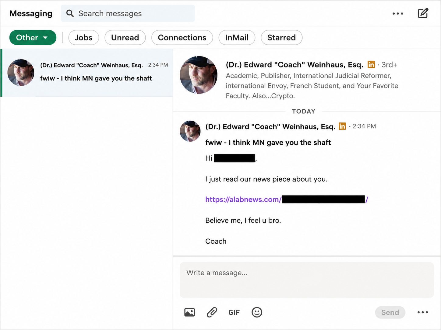Redacted LinkedIn direct message from Edward Coach Weinhaus to a law graduate after an ALABnews article about the graduate